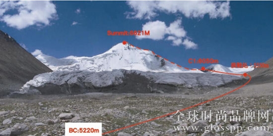 各拉丹冬峰傳統路線，最高海拔為6621M(06年人大制作)。